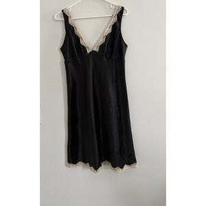 Victoria's Secret Black Satin Sexy Slip Babydoll Nightgown Chemise Lace Trim SzM